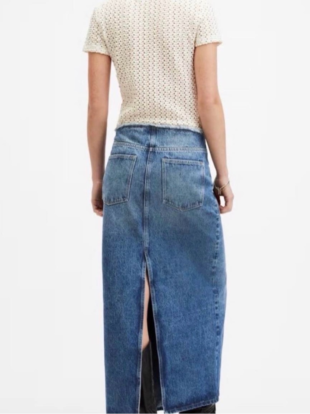 NWT All Saints Classic High-Waist Blue Denim Midi Skirt with Front and Back Slit